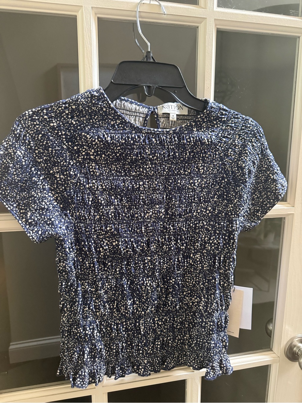 Nation LTD Navy and White Smocked Short Sleeve Top